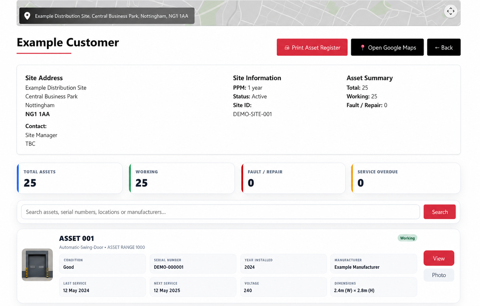 Privacy-safe example of the EVICK customer portal showing a fictional site and asset register