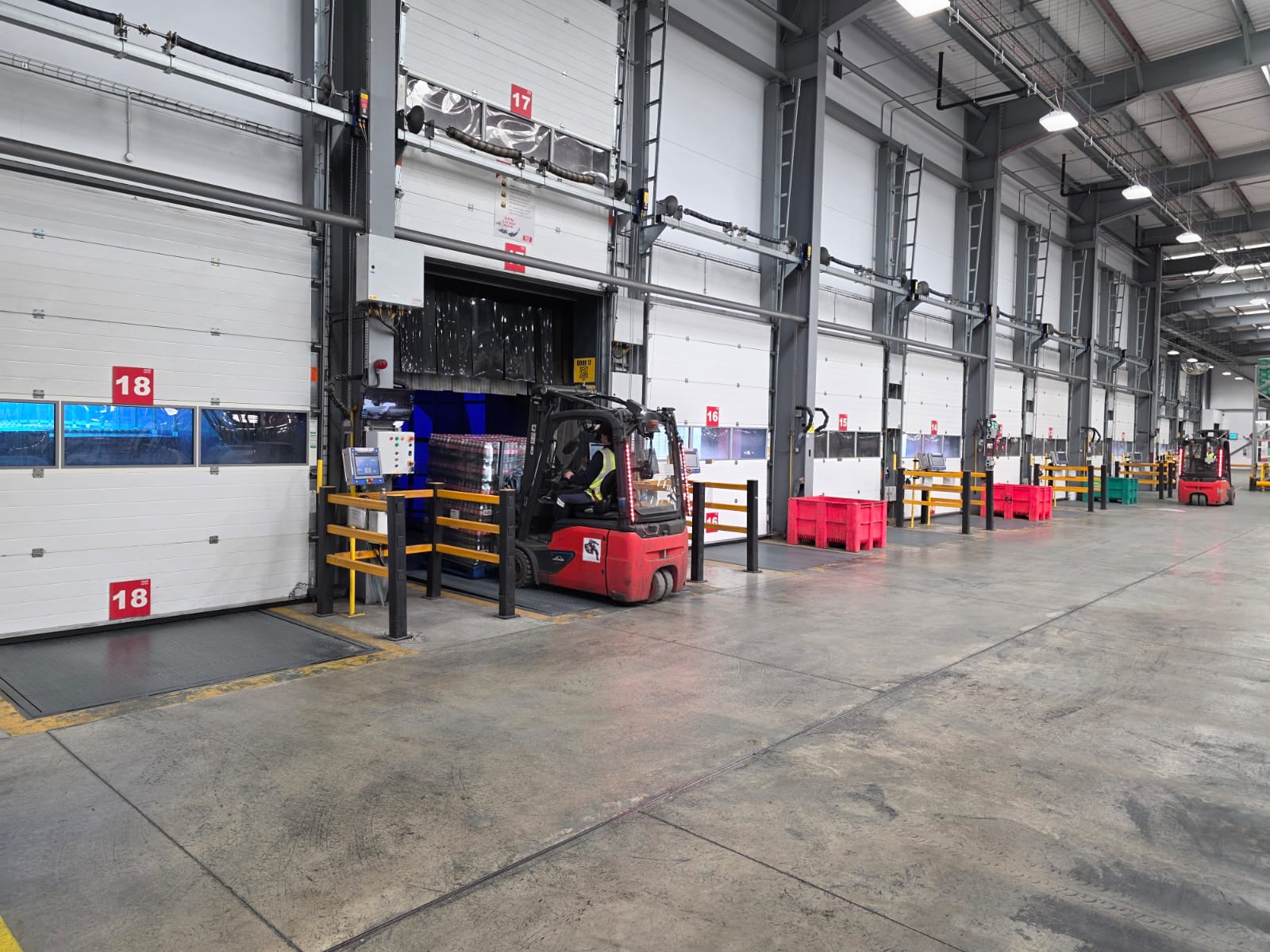 A line of operational loading bays and dock levellers