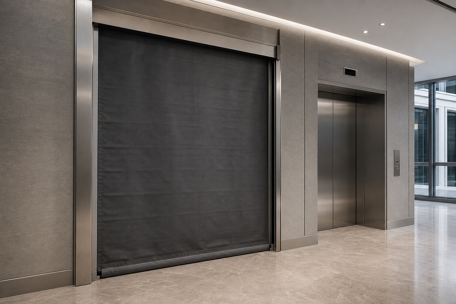 Fire curtain deployed at a lift opening