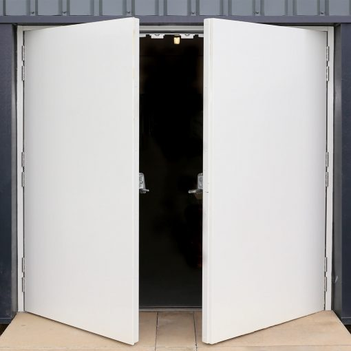 White double steel doors shown open